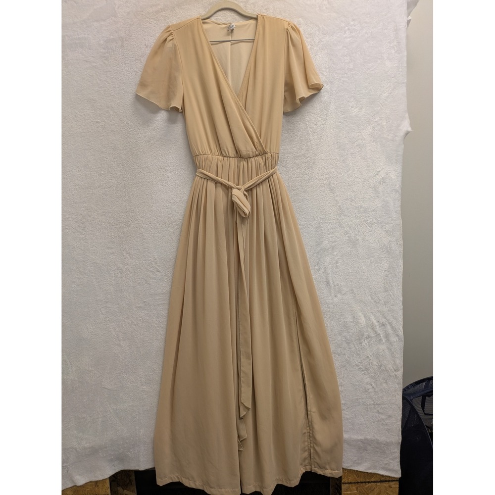 BALTIC BORN Women's Beige V Neck Wrap Maxi Dress Size M Flutter Sleeve Tie Waist